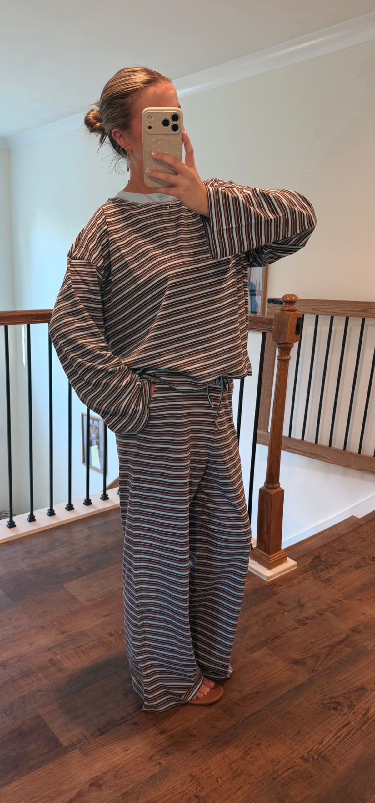 Teal and Brown Striped Wide Leg Set