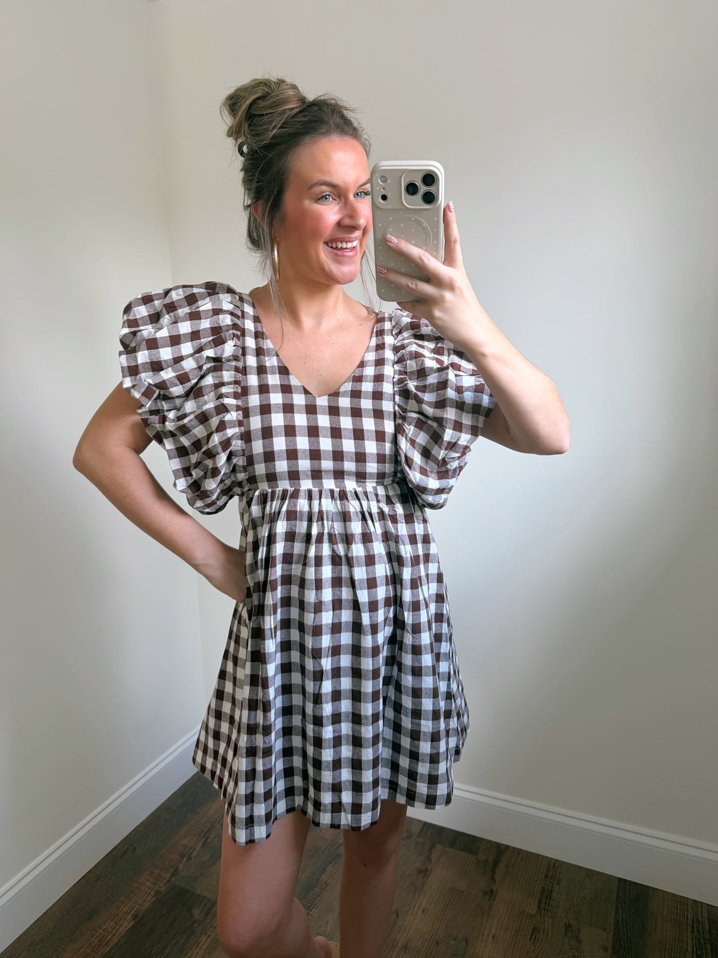 Brown Gingham Bubble Sleeve Dress