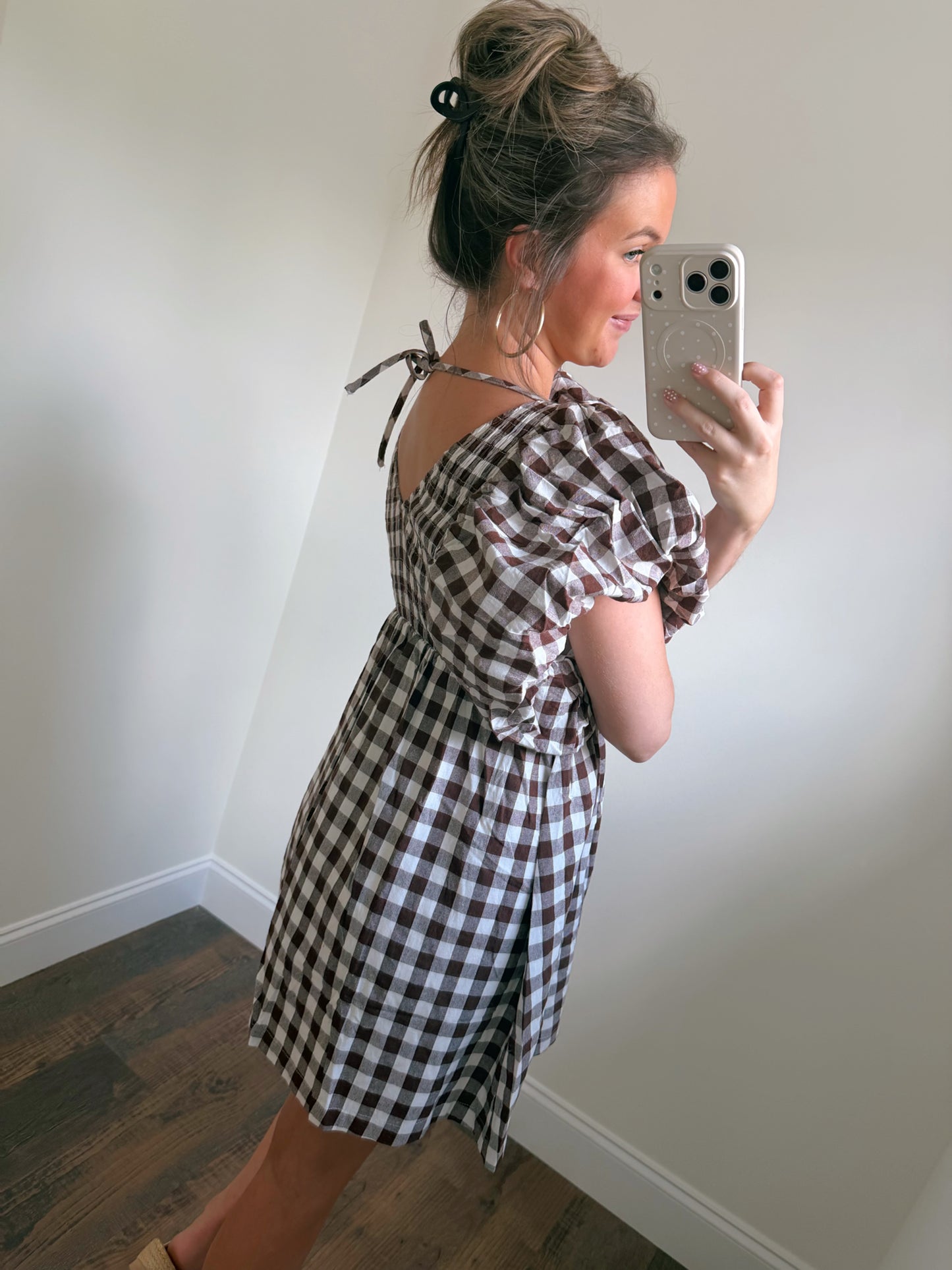 Brown Gingham Bubble Sleeve Dress
